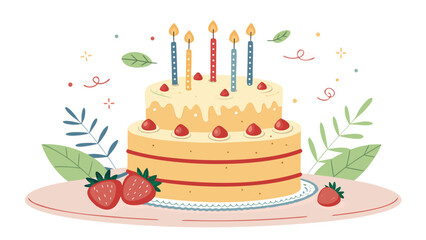Stylized Birthday Cake Sits On A Plate Adorned With Candles And Strawberries