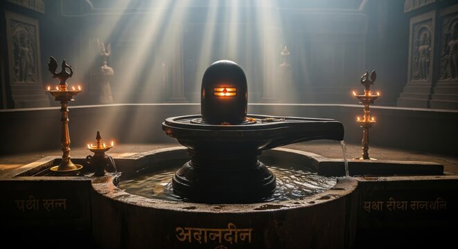 Sacred Shiva Lingam Illuminated by Divine Light Rays in Temple.
