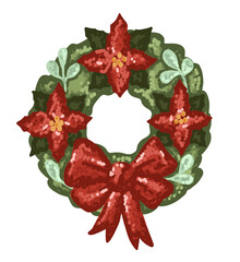 Christmas wreath and circle frame decorated with poinsettia flower and red bow