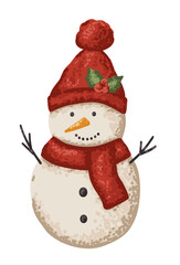 Snowman winter character in red hat and scarf with mistletoe berry. Christmas flat holiday illustration