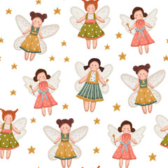 Cute seamless pattern of fairy princess with wings and wand in flat style