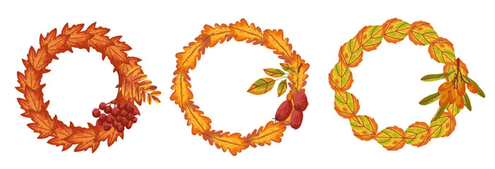 Fall autumn circle frame with orange leaves and forest berry. Cozy wreath in flat style with noise texture