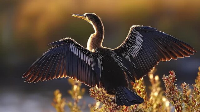 Anhinga bird spreads wings perched on plant basked in golden light