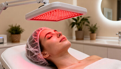 Woman receiving professional red light therapy facial treatment in modern spa wellness center for skin rejuvenation and anti-aging care, relaxation and beauty therapy session