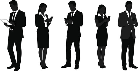 Business professional silhouette vector, mobile device usage graphic, digital workplace illustration, modern tech-savvy team design, black and white artwork