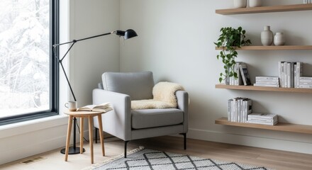 Fototapeta premium Cozy Reading Nook with Armchair and Bookshelf.