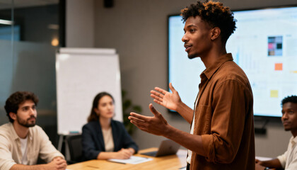 Multicultural designer sharing creative ideas during collaborative meeting in modern office, diverse team brainstorming innovative concepts, teamwork and design thinking