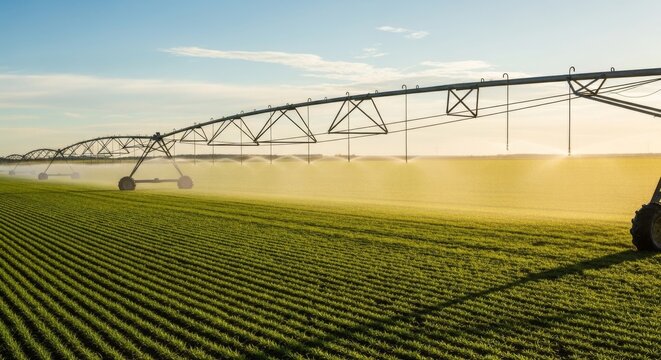 Agricultural irrigation system watering a green field at sunset. - Powered by Adobe