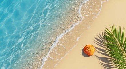 Naklejka premium Tranquil tropical beach scene with crystal clear water gentle waves and palm frond