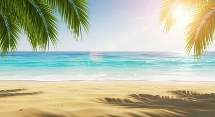 Obraz premium Tropical paradise beach scene with palm leaves and bright sunlight reflecting on ocean waves