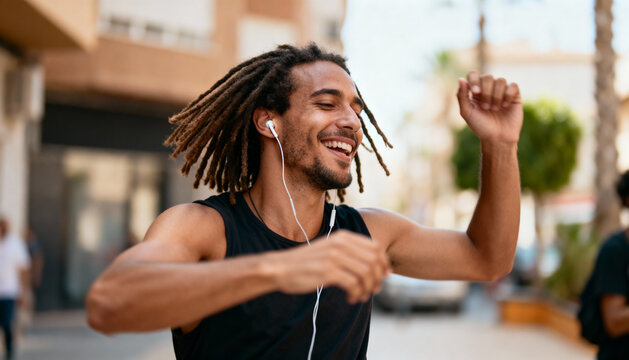 Happy young man with dreadlocks dancing in the street. Joyful person listening to music with earphones, feeling free and energetic. Urban lifestyle and youth culture concept. - Powered by Adobe