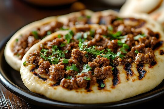 AI image: Delicious grilled flatbreads topped with savory meat and fresh herbs culinary delights