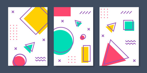 Modern Memphis posters and backgrounds with abstract geometric shapes, bright colors, simple patterns, and retro 80s feels, ideal for cards or story templates. Vector illustration