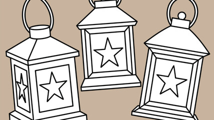 A simple line drawing of three lanterns each featuring a star design on a beige background color