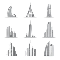 Fototapeta premium Nine monochrome vector architectural illustrations of stylized buildings and skyscrapers