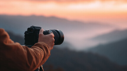 Capturing natures beauty a photographer aims their camera at a stunning mountain vista at sunset. Perfect for travel, landscape, and photography themes.