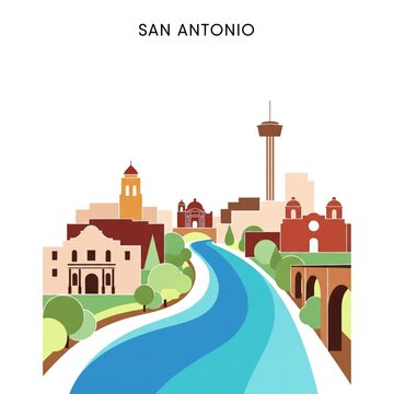 Stylized San Antonio Texas Cityscape with Famous Landmarks.