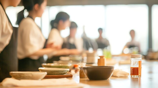 People learning cooking techniques in a culinary class with food preparation on the table