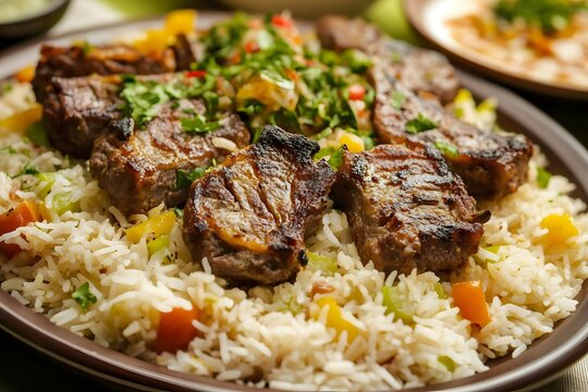 AI image: Grilled lamb chops on saffron rice with herbs and vegetables culinary delight meal