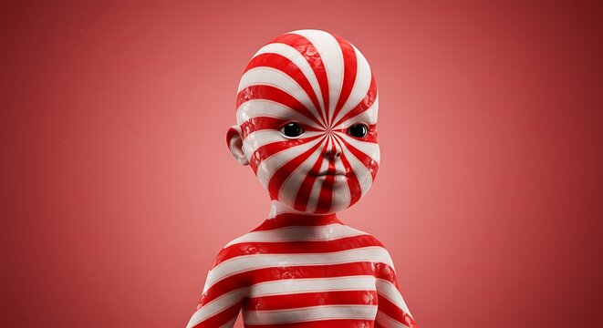 Surreal 3D portrait of a child or doll with skin texture resembling a red and white peppermint candy swirl, looking forward with a glossy finish.