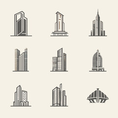 Obraz premium Nine minimalist grayscale illustrations of buildings, varying in shape and style, on a neutral backdrop
