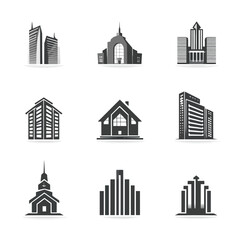 Fototapeta premium A collection of monochrome building illustrations, including skyscrapers, houses, and churches