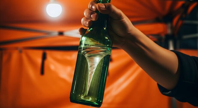 Man&rsquo;s hand creating the Hoe-o-ri whirlpool in a soju bottle at a pojangmacha