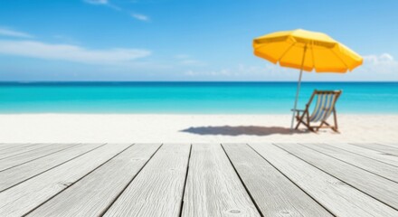Fototapeta premium Relaxing beach scene with wooden deck ocean view and yellow umbrella vacation paradise