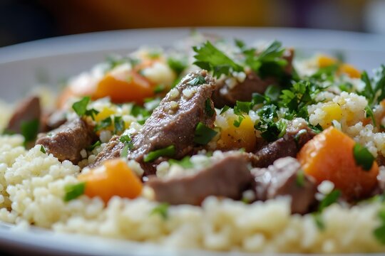 AI image: Couscous delight with tender meat, vibrant carrots and fresh green herbs for healthy
