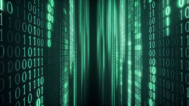 Endless scrolling tunnel of glowing green binary code digital background