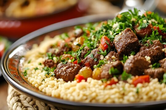 AI image: Delicious Couscous with Tender Meat Pieces and Fresh Herbs Displayed on a Plate Ready to