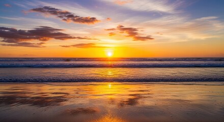 Vibrant sunset over the ocean with reflective water and colorful clouds