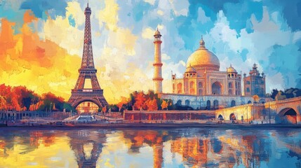 Artistic vibrant watercolor painting of famous landmarks featu the Eiffel Tower and Taj Mahal representing iconic architecture and travel destinations