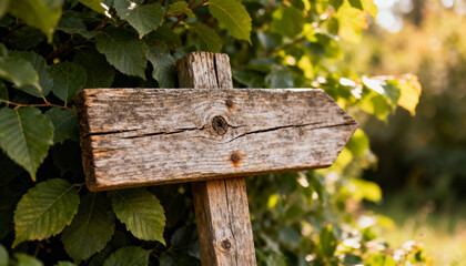 Blank rustic wooden sign mockup on a background of lush green foliage. Empty wood signboard template with copy space for text. Outdoor nature concept in a forest or park.