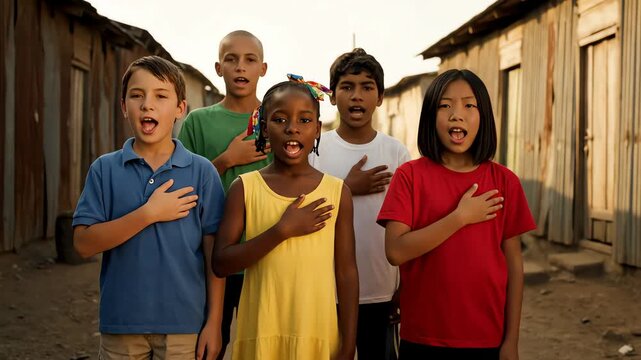 Diverse group of children singing with hands on hearts, standing together in a powerful show of unity and patriotism in a challenging environment