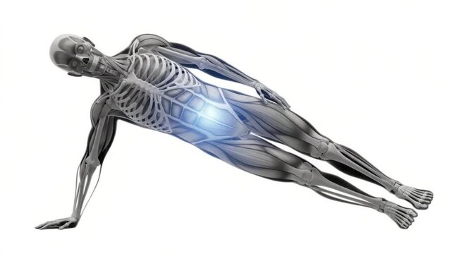3D anatomical human model demonstrating a side plank exercise with glowing core muscles highlighting strength and stability