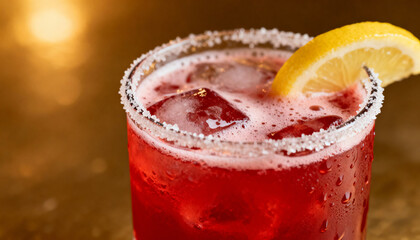 Close up of a vibrant red alcoholic cocktail with a sweet sugar rim and a fresh lemon wedge garnish. An iced, refreshing mixed drink for a summer party or happy hour celebration.