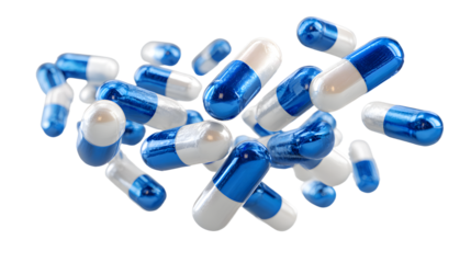 Blue and white pills falling on transparent background