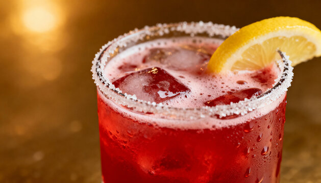 Close up of a vibrant red alcoholic cocktail with a sweet sugar rim and a fresh lemon wedge garnish. An iced, refreshing mixed drink for a summer party or happy hour celebration.