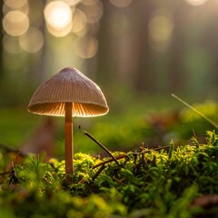 Mushroom in sunlight, forest floor