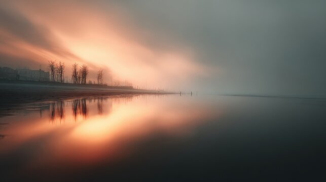 Misty Beach with Reflections and Silhouetted Trees