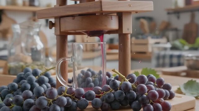 A wooden grape press extracting juice into a glass surrounded by fresh grapes in a bright kitchen setting