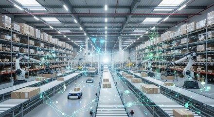 Fototapeta premium Futuristic Automated Warehouse with Robotic Arms and Conveyor Belts.