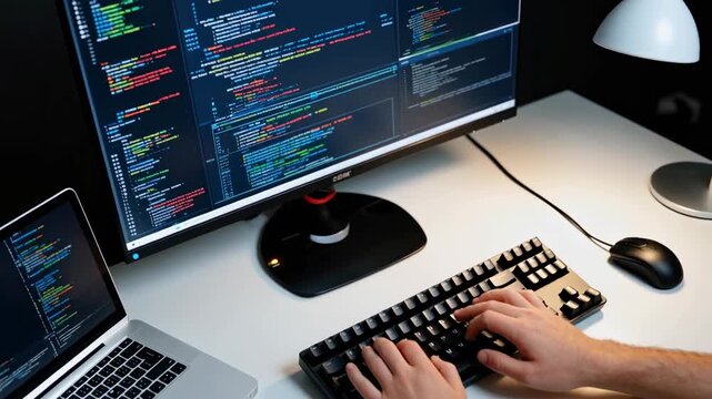 Software developer typing code on a desktop computer with a laptop nearby