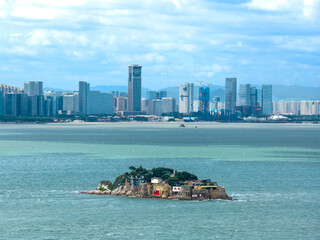 Aerial view of  the Shiyu island  between Kinmen, Taiwan and Xiamen, China. chinese text: Shiyu island