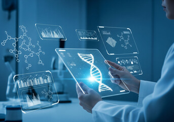 Photorealistic biotechnology laboratory with scientist analyzing holographic DNA data