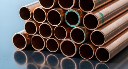 Close-up of copper pipes stacked neatly, symbolizing modern construction, industrial design, and craftsmanship.