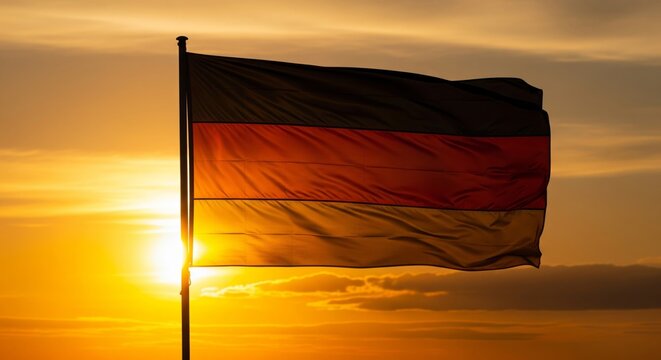 German Flag Waving in Sunset Light.