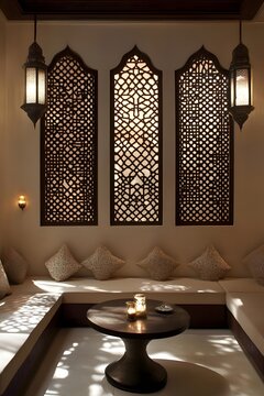 AI image Luxurious interior with ornate lattice windows lanterns and comfortable seating area