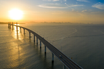 Aerial view of Kinmen Bridge  in Taiwan at sunset